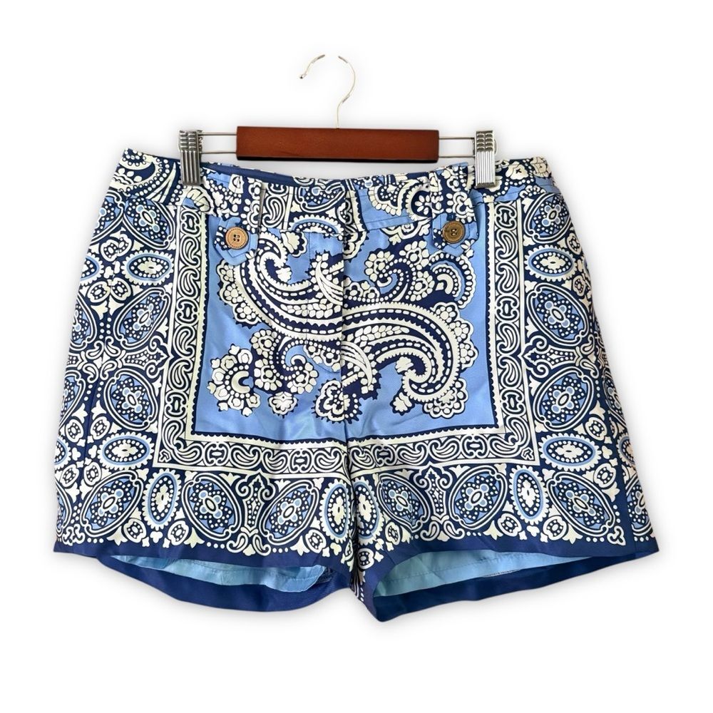 J. McLaughlin Silk Shorts Blue White Brocade Print Size 6 Boho Preppy